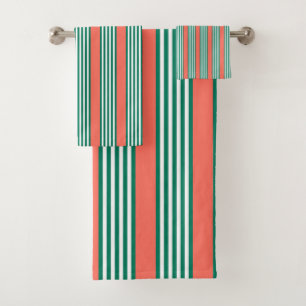 Green and white five stripe pattern with coral bath towel set