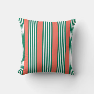 Green and white five stripe pattern with coral cushion