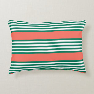 Green and white five stripe pattern with coral decorative cushion