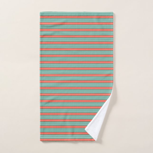 Green and white five stripe pattern with coral hand towel (Hand Towel)