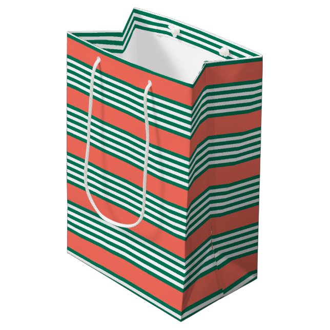 Green and white five stripe pattern with coral medium gift bag (Front Angled)