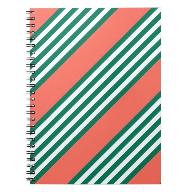 Green and white five stripe pattern with coral notebook (Front)