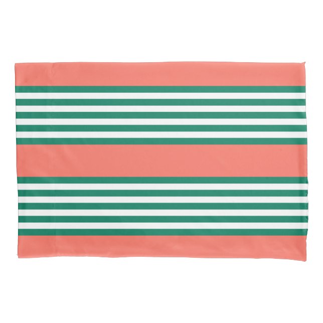 Green and white five stripe pattern with coral pillowcase (Front)