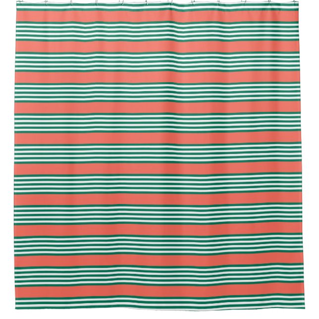 Green and white five stripe pattern with coral shower curtain (Front)