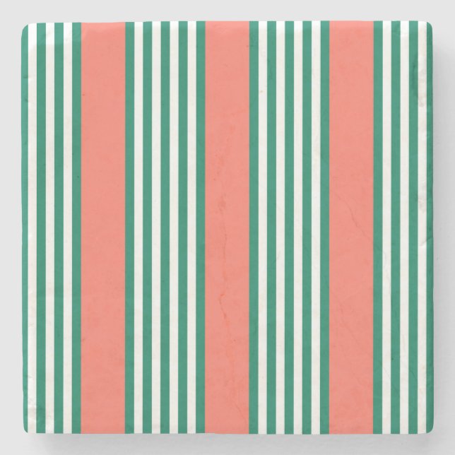 Green and white five stripe pattern with coral stone coaster (Front)