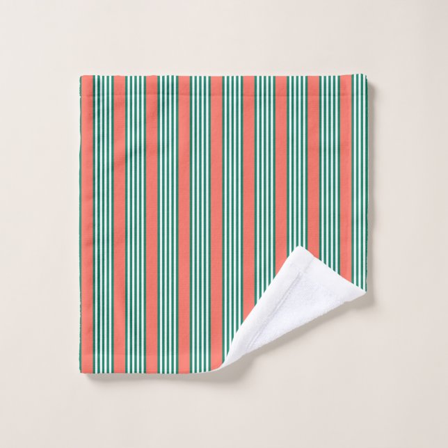 Green and white five stripe pattern with coral wash cloth (Wash Cloth)