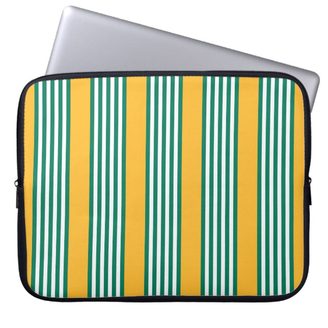 Green and white five stripe pattern with yellow laptop sleeve (Front)