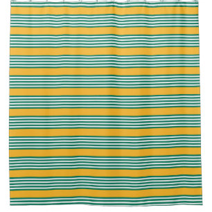 Green and white five stripe pattern with yellow shower curtain
