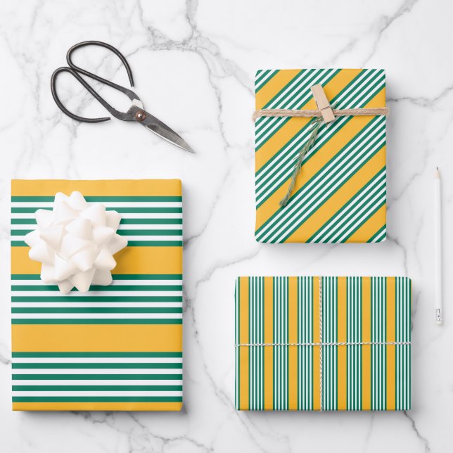 Green and white five stripe pattern with yellow wrapping paper sheet (Front)