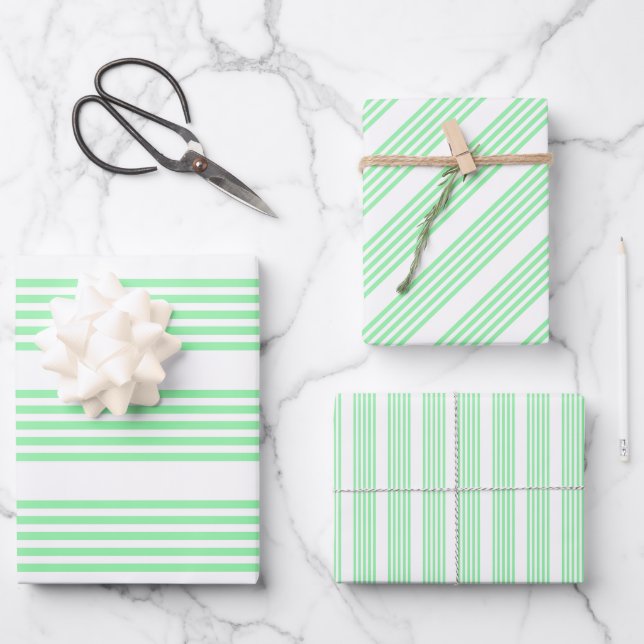 Green and white five stripes pattern wrapping paper sheet (Front)