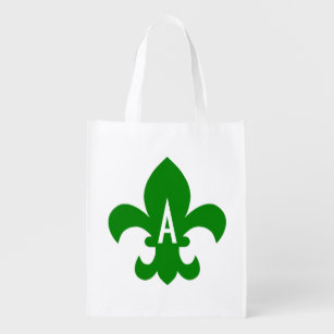 Green and White Fleur de Lis Monogram Reusable Grocery Bag