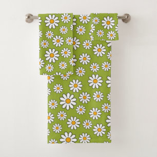 Green and White Floral Daisy Pattern Bath Towel Set