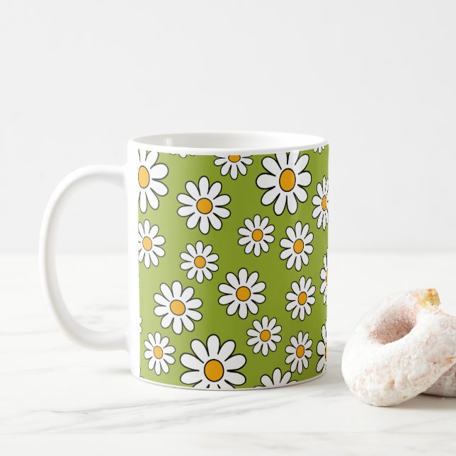 Green and White Floral Daisy Pattern Coffee Mug (With Donut)