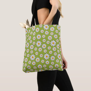 Green and White Floral Daisy Pattern Tote Bag