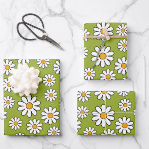 Green and White Floral Daisy Pattern Wrapping Paper Sheet