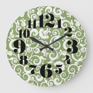Green and White Floral Flourish Large Clock