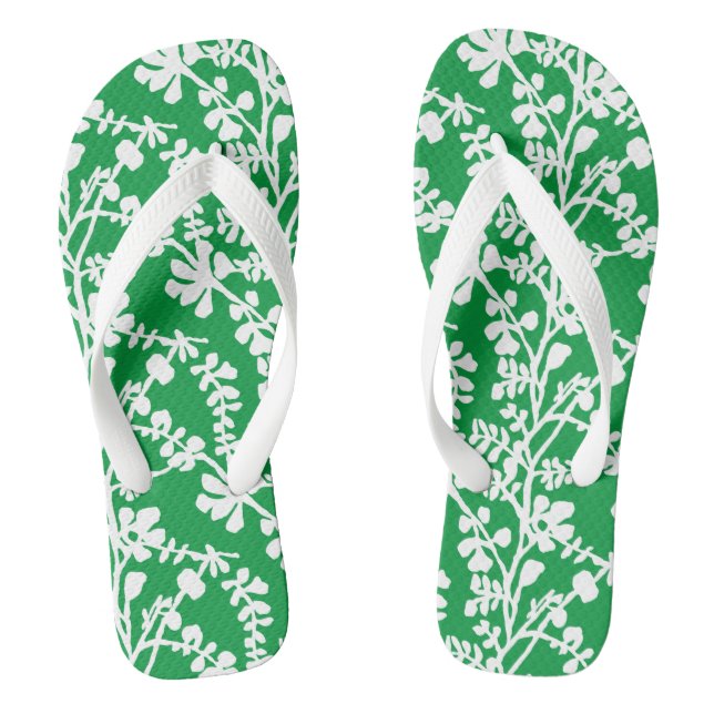 Green And White Floral Repeating Pattern Thongs (Footbed)