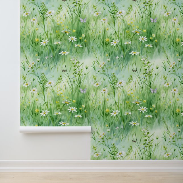 Green And White Floral Summer Peel And Stick Wallpaper (Application)