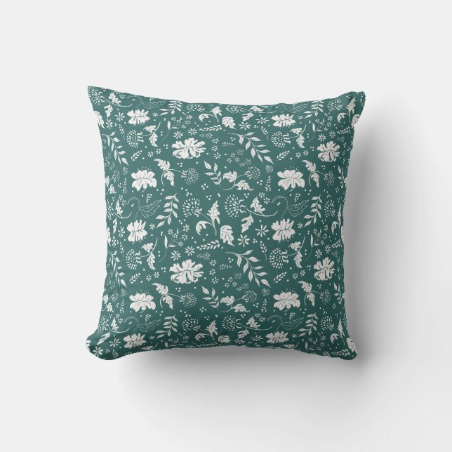 Green and White Floral Throw Pillow (Front)