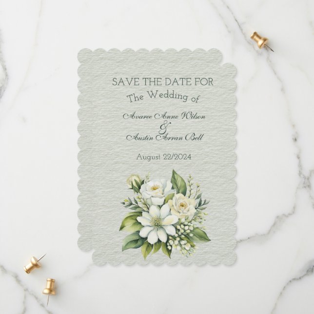 Green and White Floral Wedding Bouquet  Save The Date (Front/Back In Situ)