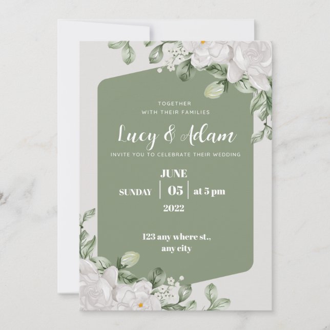 green and white floral wedding  invitation (Front)