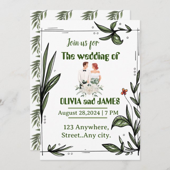 Green and white floral Wedding invitation (Front/Back)
