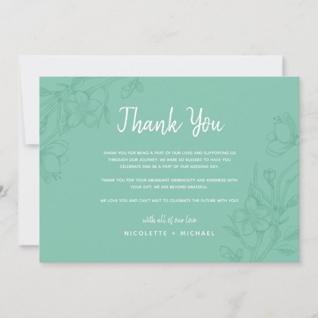 Green and White Floral Wedding Thank You Card (Front)