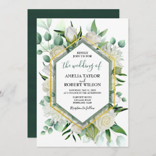 Green and White Floral with Gold Frame Invitation