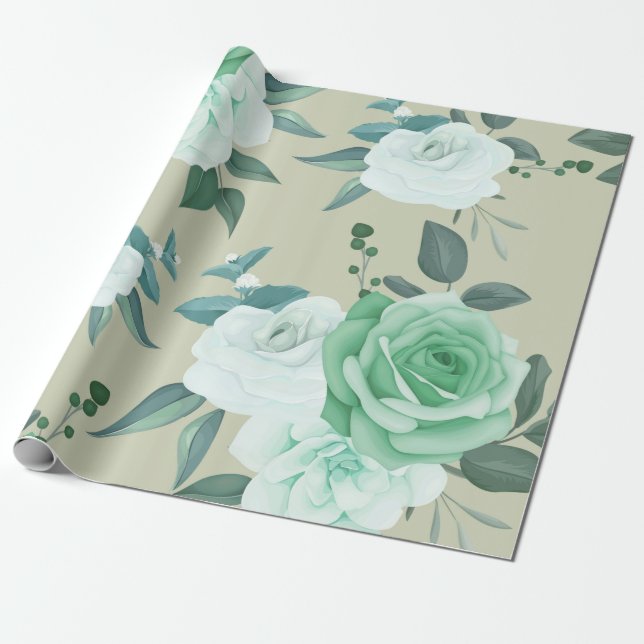 Green and white  Floral Wrapping Paper (Unrolled)