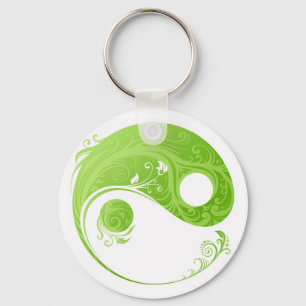 GREEN AND WHITE FLORAL YIN YANG SYMBOL KEY RING