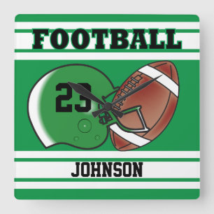 Green and White Football Sport   Personalise Square Wall Clock