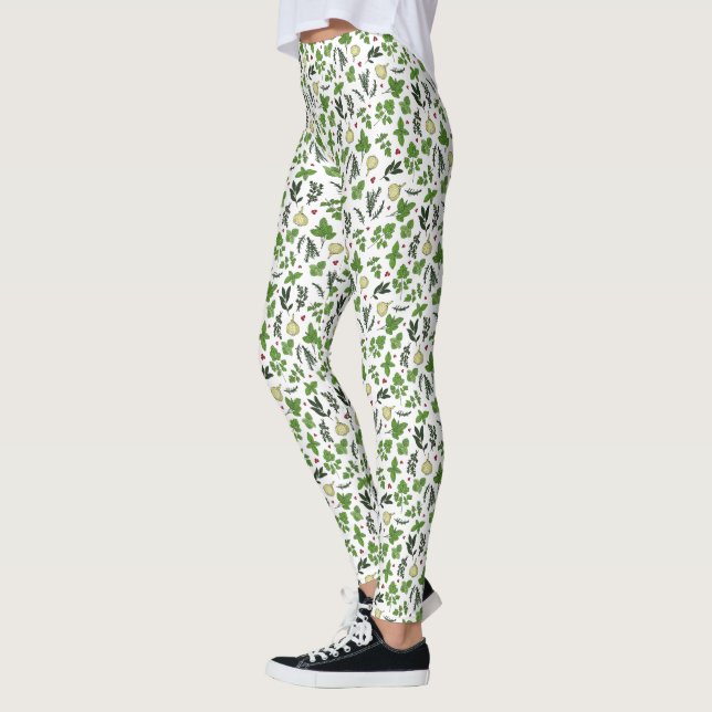 Green and White Garden Herbs Pattern Leggings (Left)