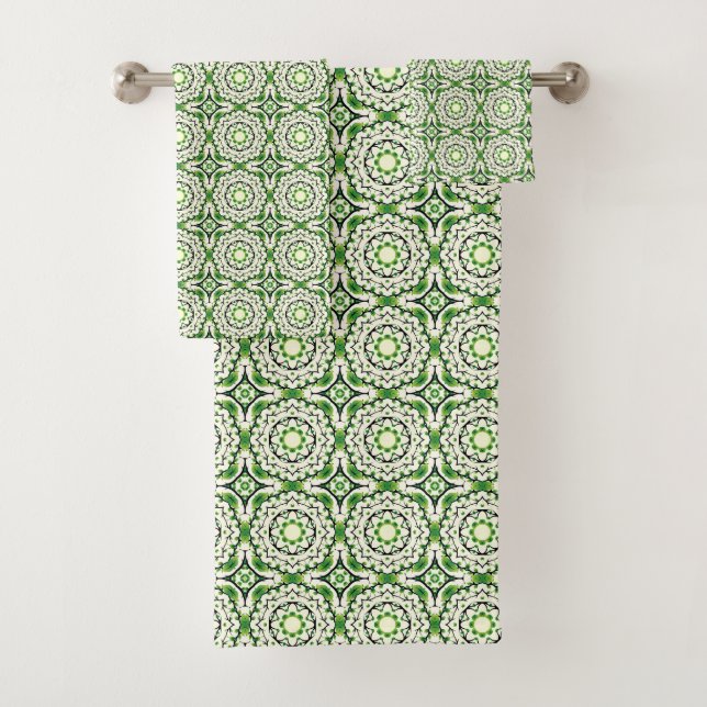 Green and white geometric patterned  bath towel set (Insitu)
