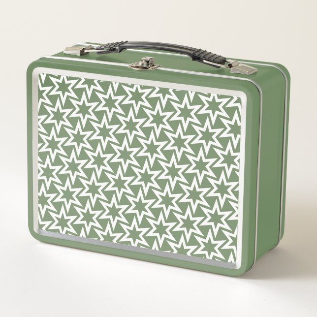 Green And White Geometric Star Pattern Metal Lunch Box (Front)