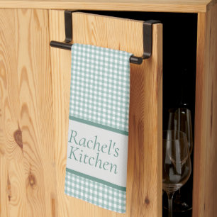 Green and White Gingham Check Personalised Tea Towel