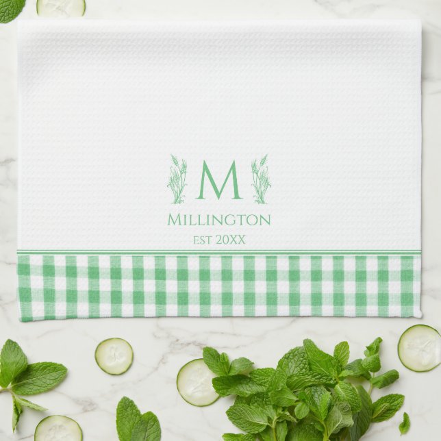 Green and White Gingham Custom Name Monogram Tea Towel (Folded)
