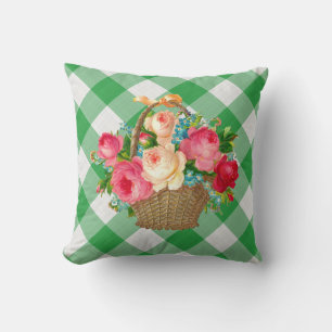 Green and White Gingham Floral Vintage Country Cushion