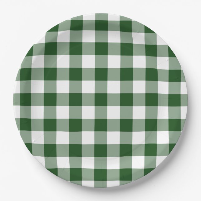 Green and White Gingham Pattern Paper Plate (Front)