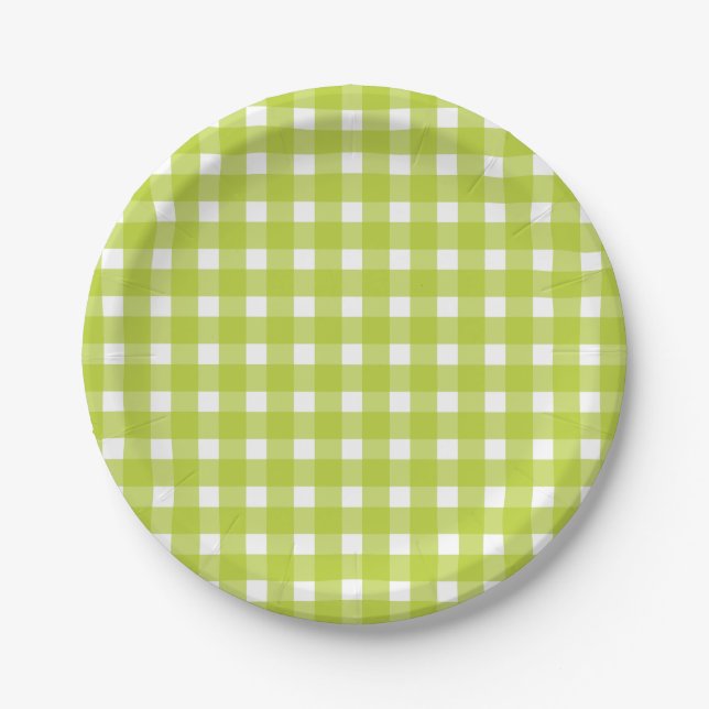 Green and White Gingham Plaid Checks Wedding Party Paper Plate (Front)