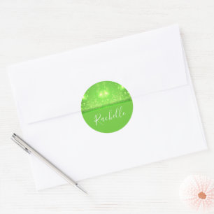 Green and white glitter print classic round sticker