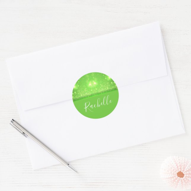 Green and white glitter print classic round sticker (Envelope)