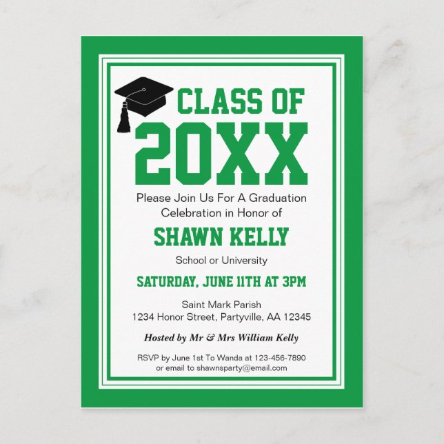 Green and White Graduation Party Invitation Postcard (Front)