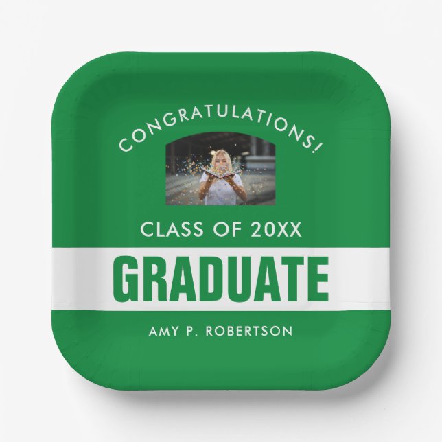 Green and White Graduation Personalised Photo Paper Plate (Front)