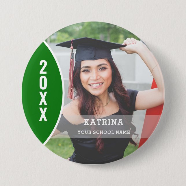 Green and White Graduation Photo Custom Button (Front)
