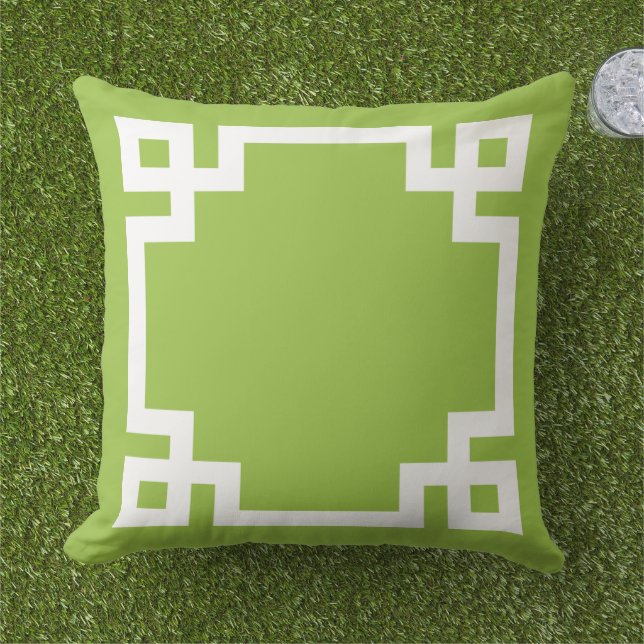 Green and White Greek Key Border Cushion (Grass)