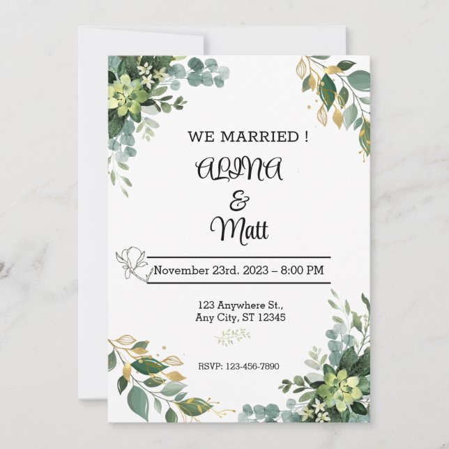 Green and white greenery Wedding Invitation Card. (Front)