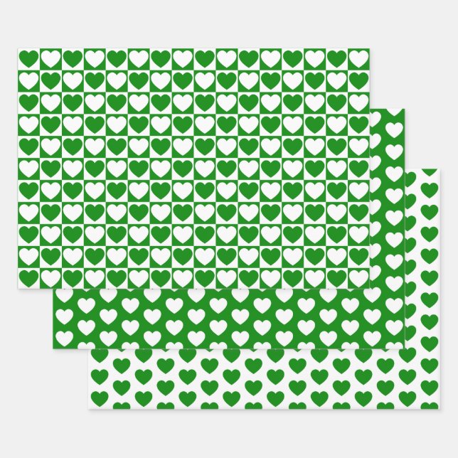 Green and White Hearts Wrapping Paper Sheet (Set)