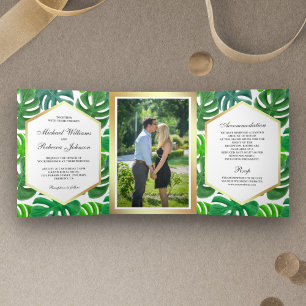 Green and White Hexagon Monstera Tropical Wedding Tri-Fold Invitation
