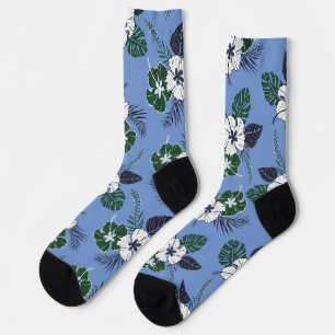 Green and white hibiscus on blue socks