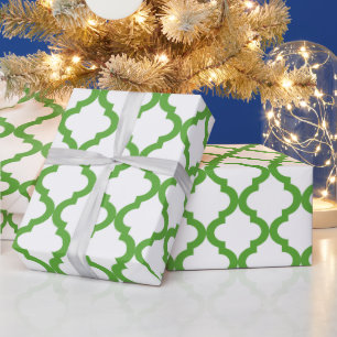 Green and White Holiday Moroccan Quatrefoil Wrapping Paper